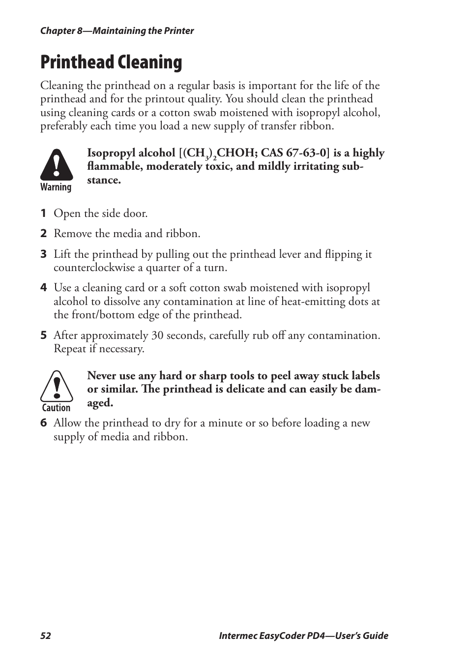Printhead cleaning | Intermec EASYCODER PD4 User Manual | Page 62 / 100