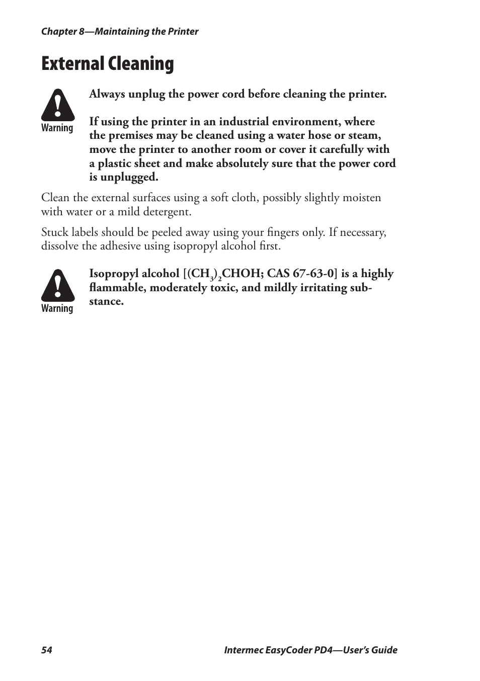 External cleaning | Intermec EASYCODER PD4 User Manual | Page 64 / 100