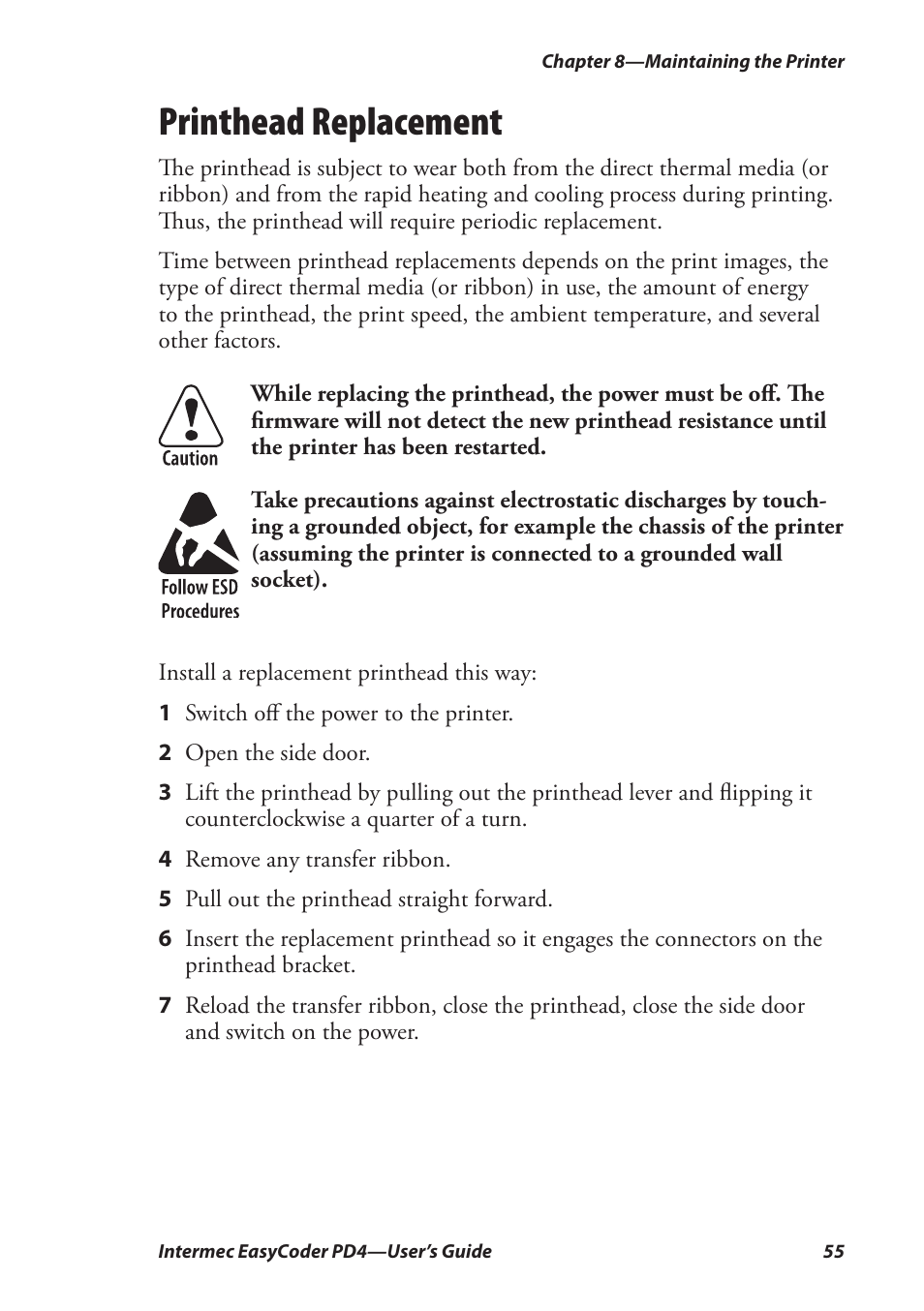 Printhead replacement | Intermec EASYCODER PD4 User Manual | Page 65 / 100