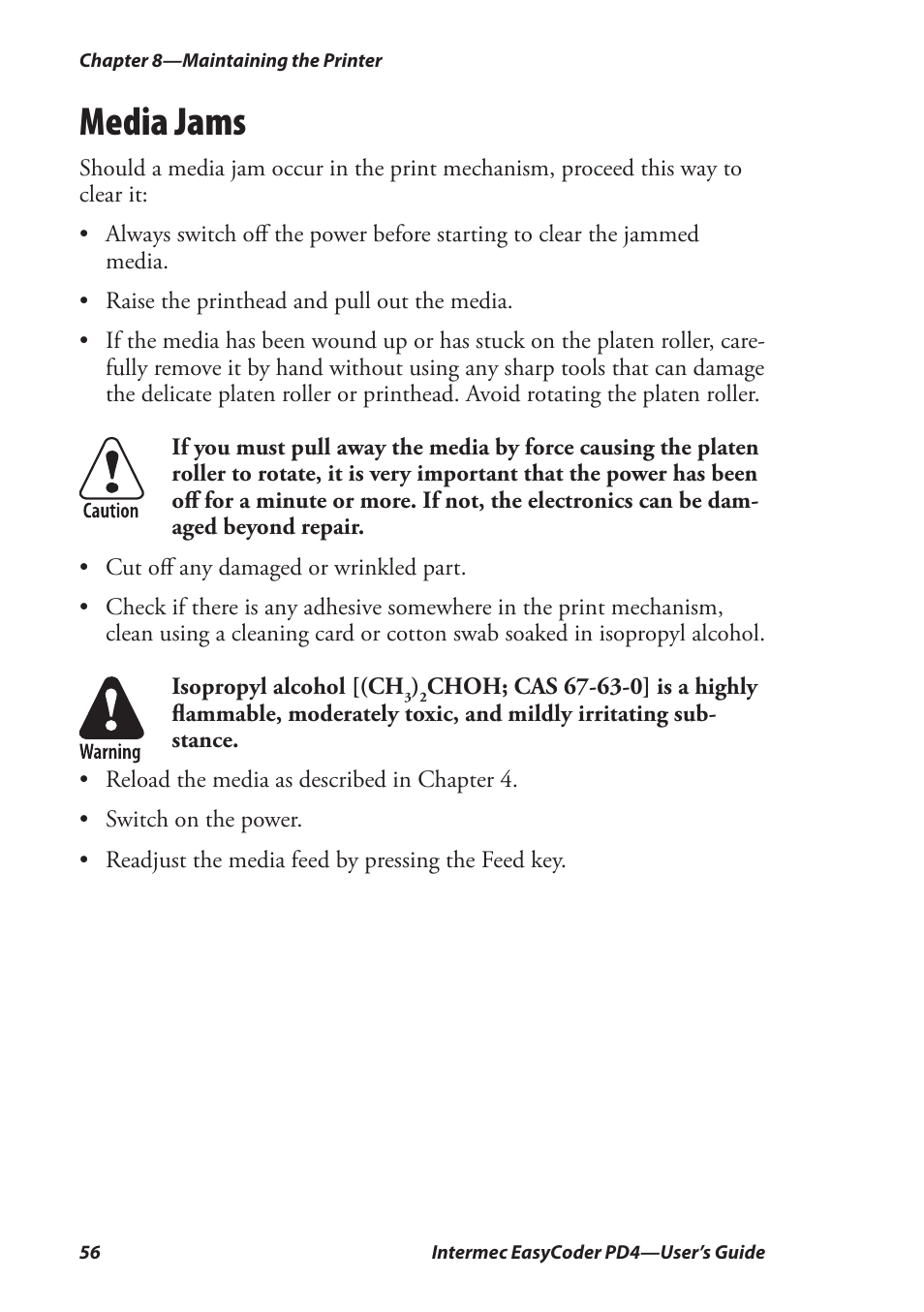 Media jams | Intermec EASYCODER PD4 User Manual | Page 66 / 100