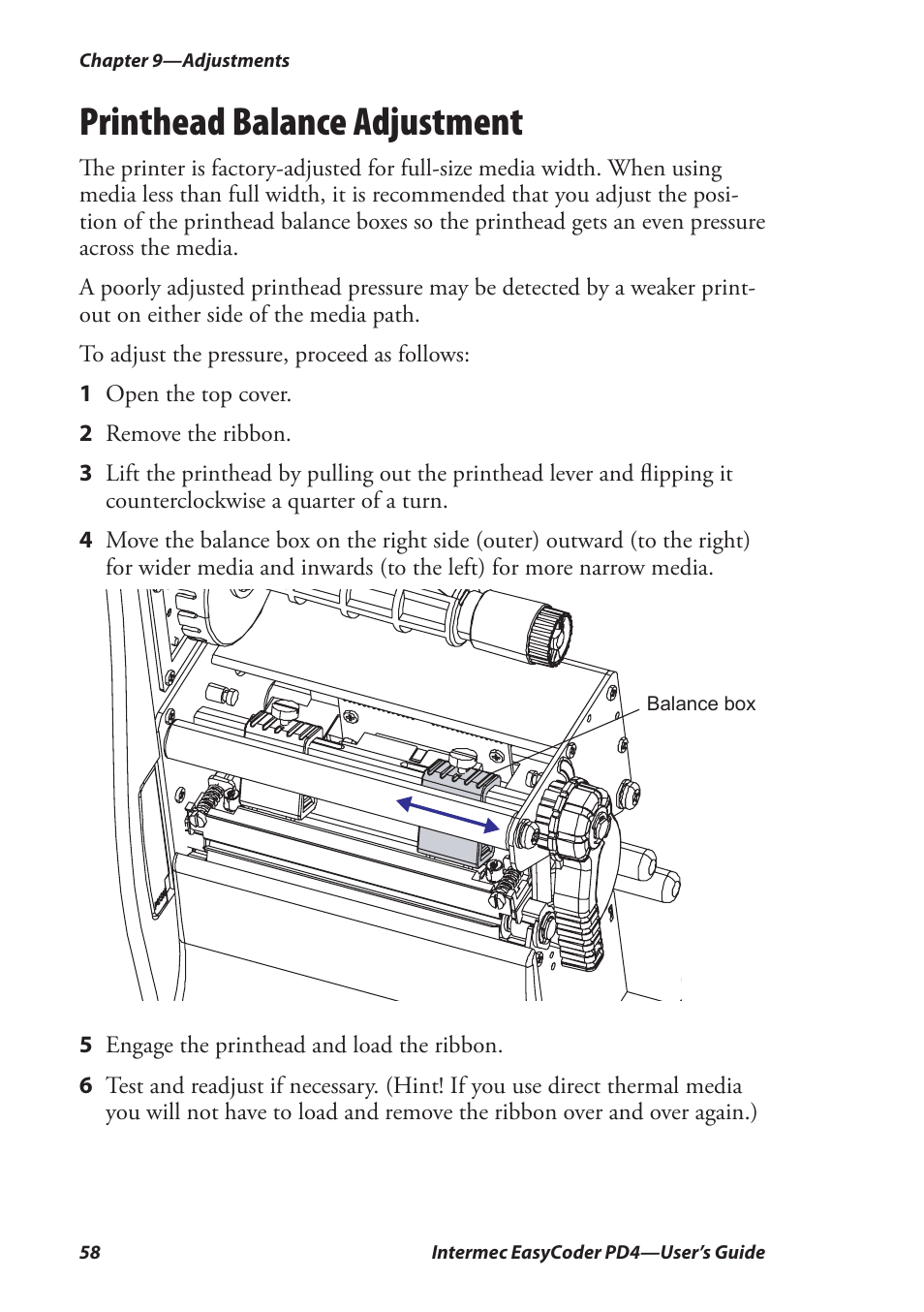 Printhead balance adjustment | Intermec EASYCODER PD4 User Manual | Page 68 / 100