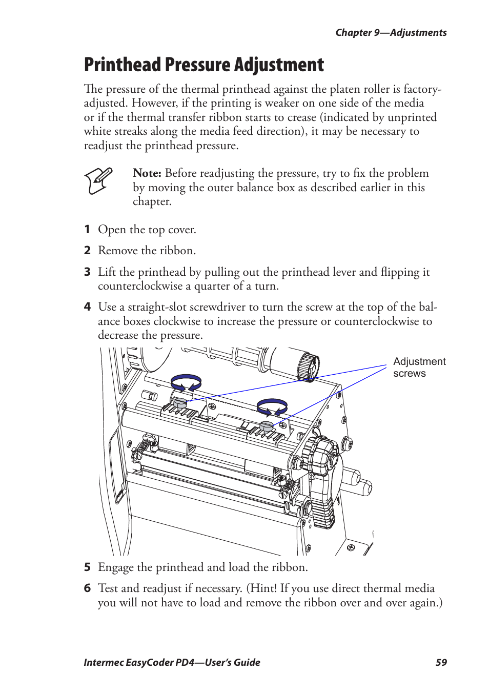 Printhead pressure adjustment | Intermec EASYCODER PD4 User Manual | Page 69 / 100