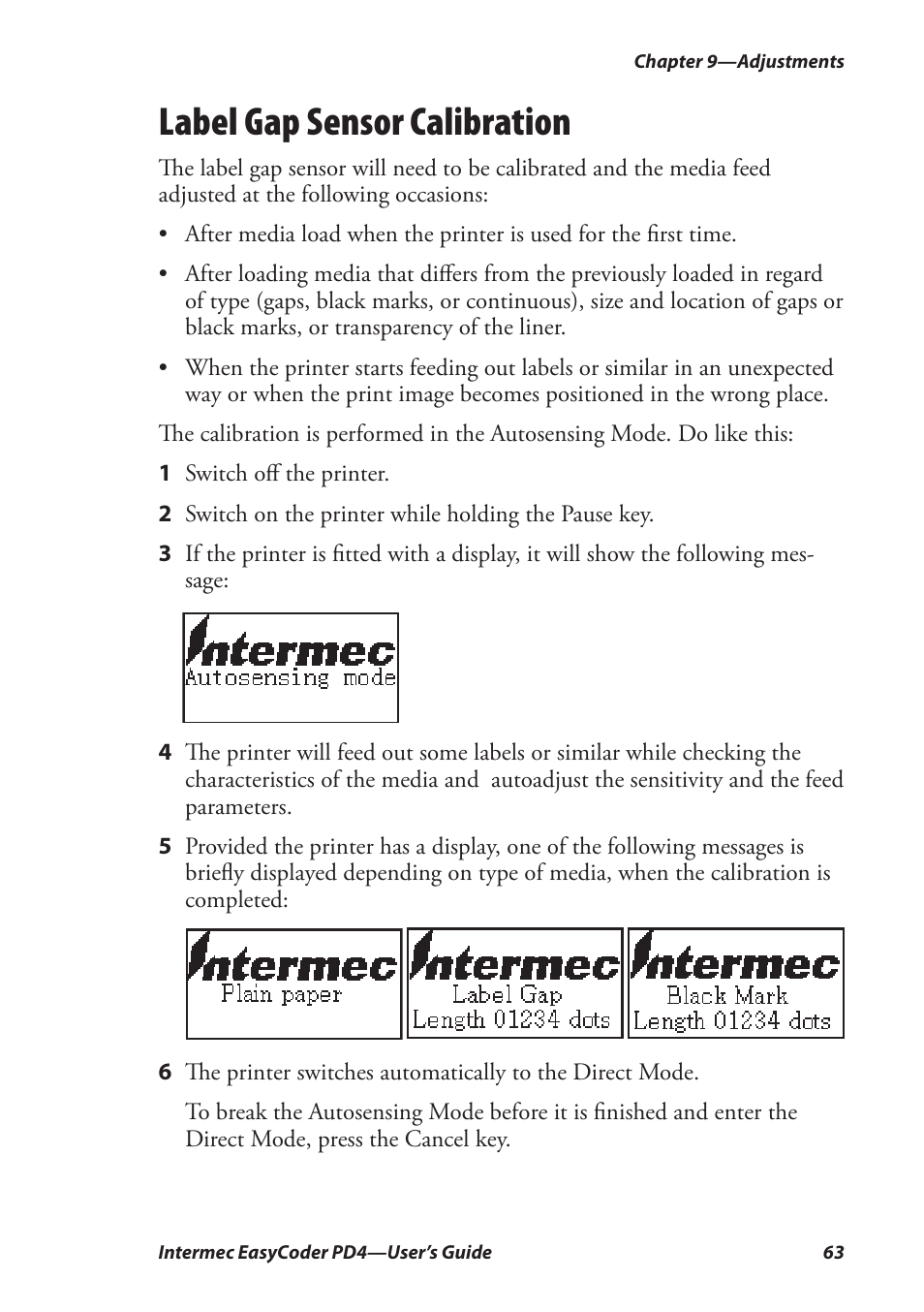 Label gap sensor calibration | Intermec EASYCODER PD4 User Manual | Page 73 / 100