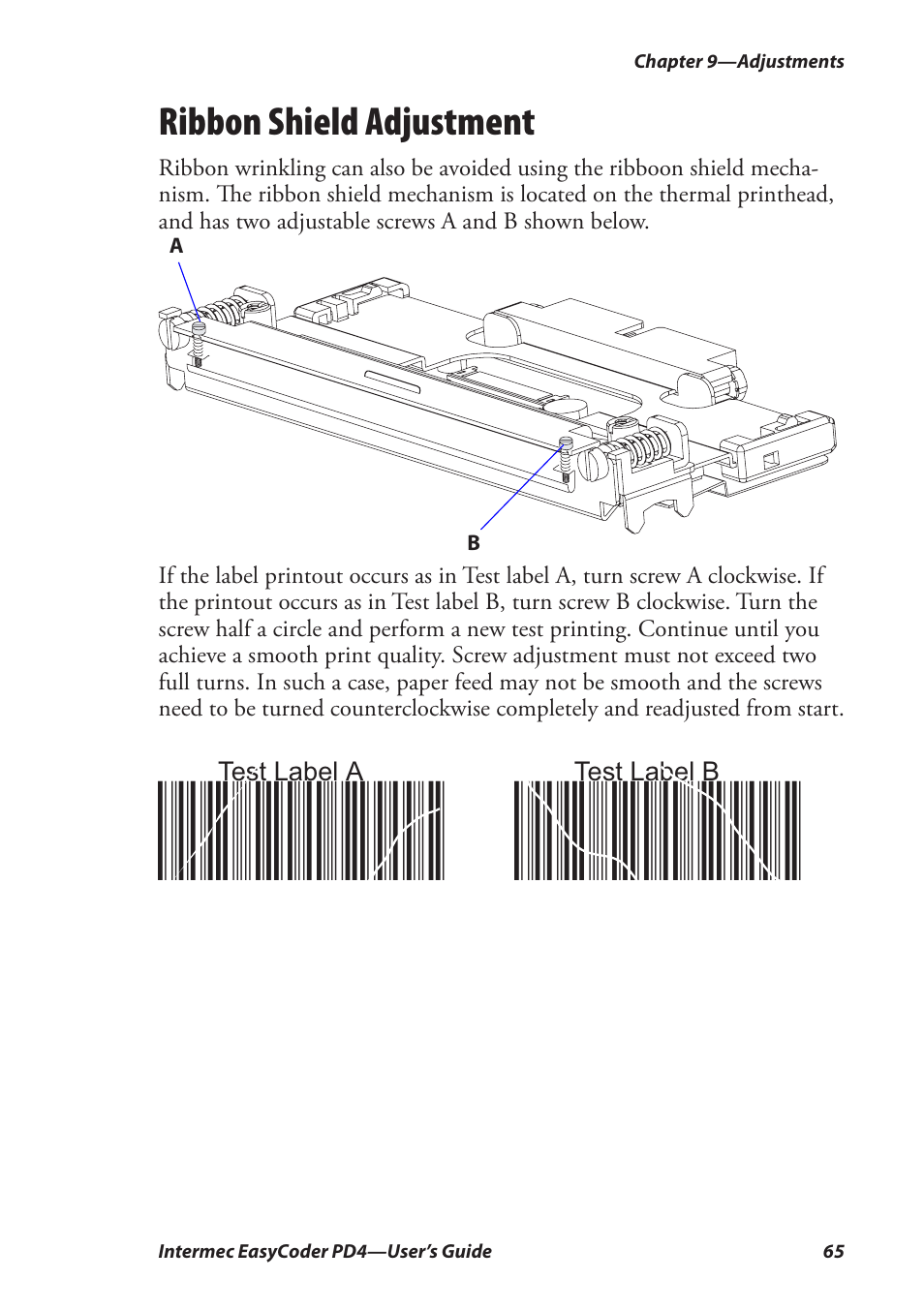 Ribbon shield adjustment | Intermec EASYCODER PD4 User Manual | Page 75 / 100