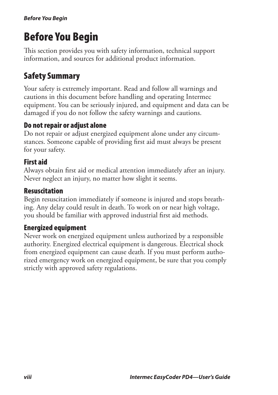 Before you begin, Safety summary | Intermec EASYCODER PD4 User Manual | Page 8 / 100
