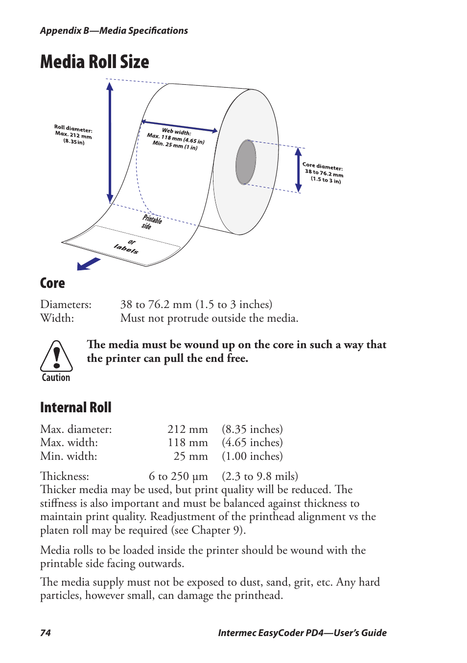 Media roll size, Core, Internal roll | Intermec EASYCODER PD4 User Manual | Page 84 / 100