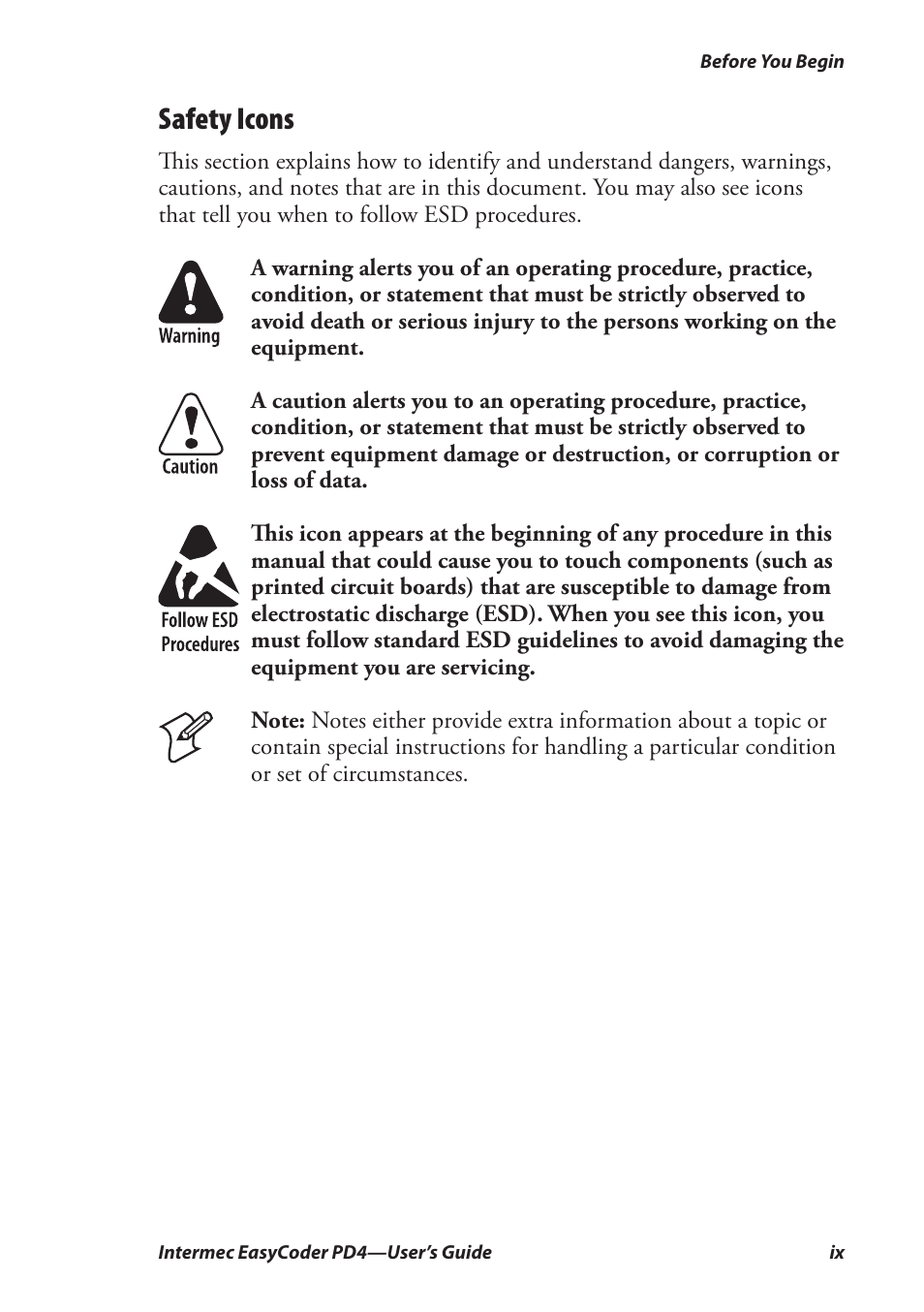 Safety icons | Intermec EASYCODER PD4 User Manual | Page 9 / 100