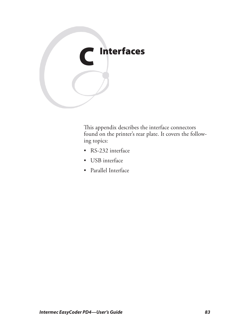 C interfaces, Interfaces | Intermec EASYCODER PD4 User Manual | Page 93 / 100