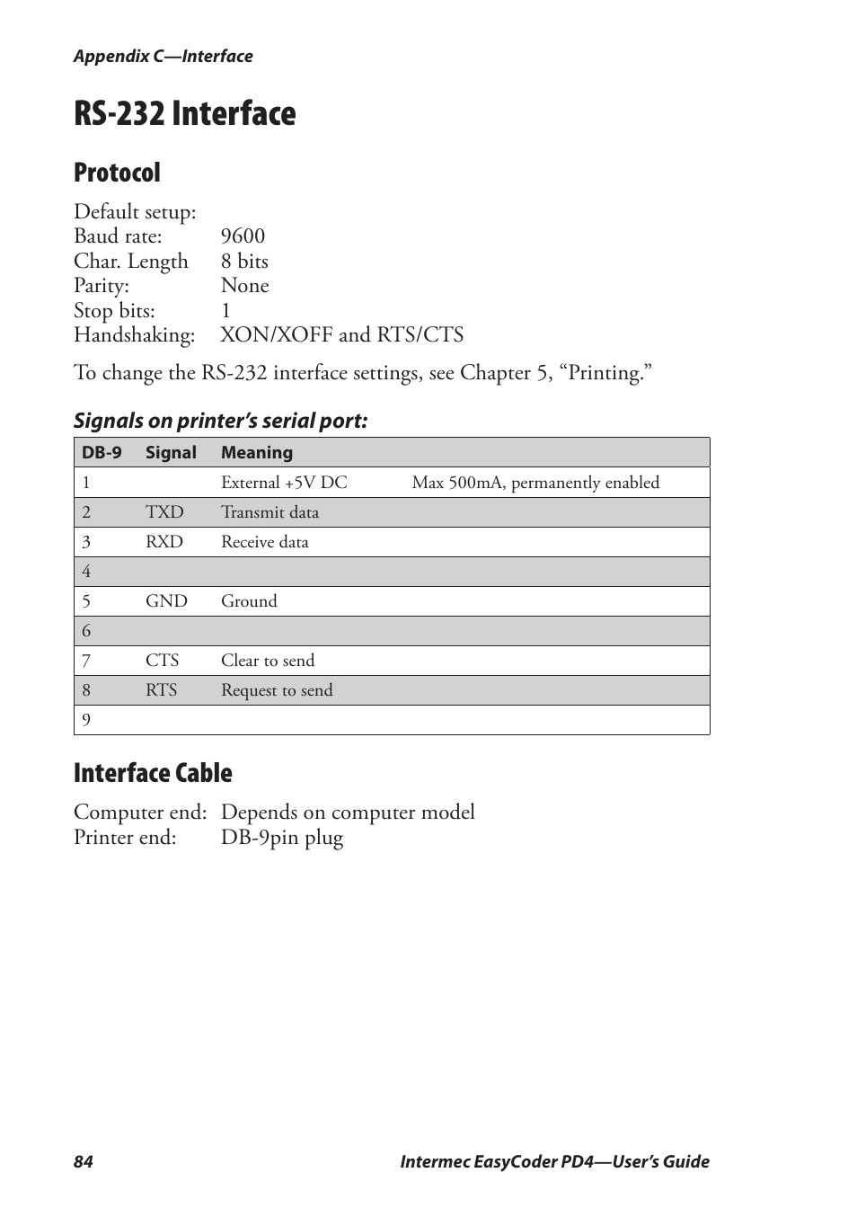 Rs-232 interface, Protocol, Interface cable | Intermec EASYCODER PD4 User Manual | Page 94 / 100
