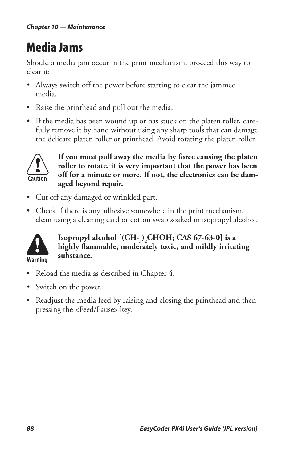 Media jams | Intermec PX4I User Manual | Page 102 / 136
