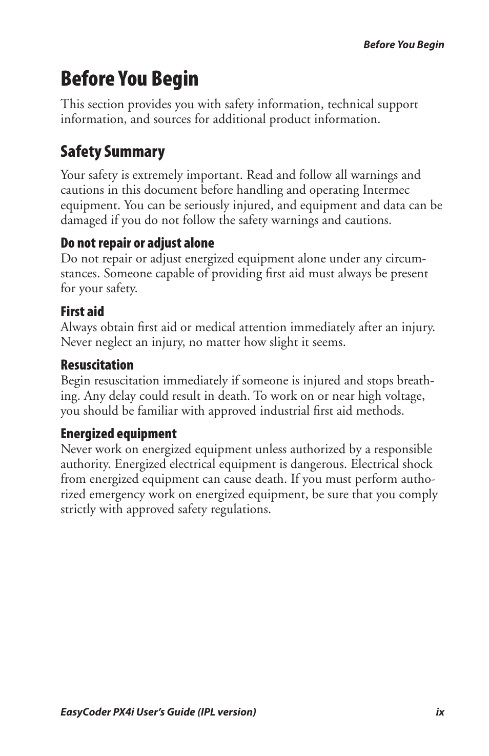 Before you begin, Safety summary | Intermec PX4I User Manual | Page 11 / 136