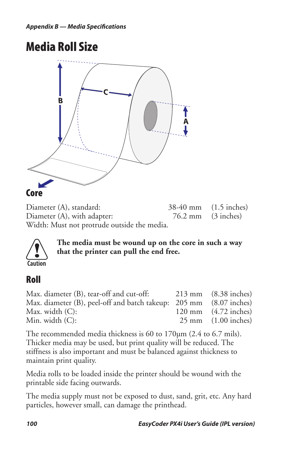 Media roll size, Core, Roll | Intermec PX4I User Manual | Page 114 / 136