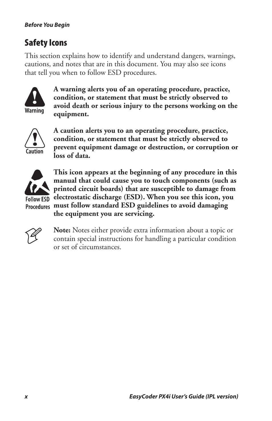 Safety icons | Intermec PX4I User Manual | Page 12 / 136