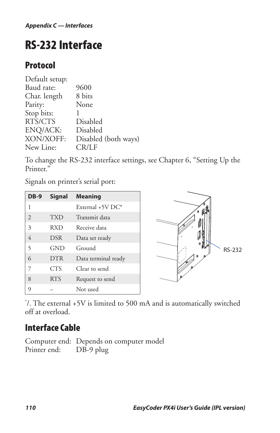 Rs-232 interface, Protocol, Interface cable | Intermec PX4I User Manual | Page 124 / 136