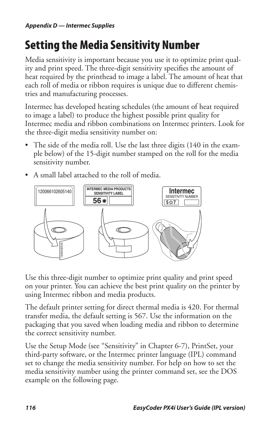 Setting the media sensitivity number | Intermec PX4I User Manual | Page 130 / 136