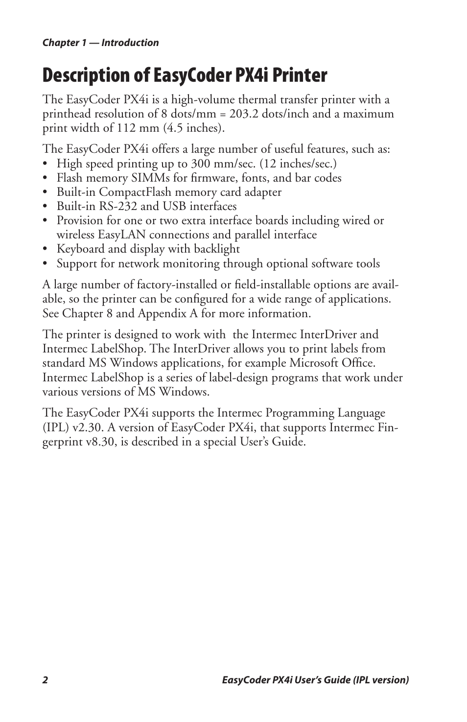 Description of easycoder px4i, Description of easycoder px4i printer | Intermec PX4I User Manual | Page 16 / 136