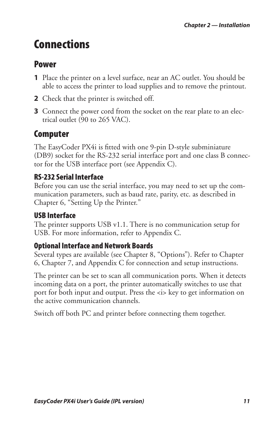 Connections, Power, Computer | Intermec PX4I User Manual | Page 25 / 136