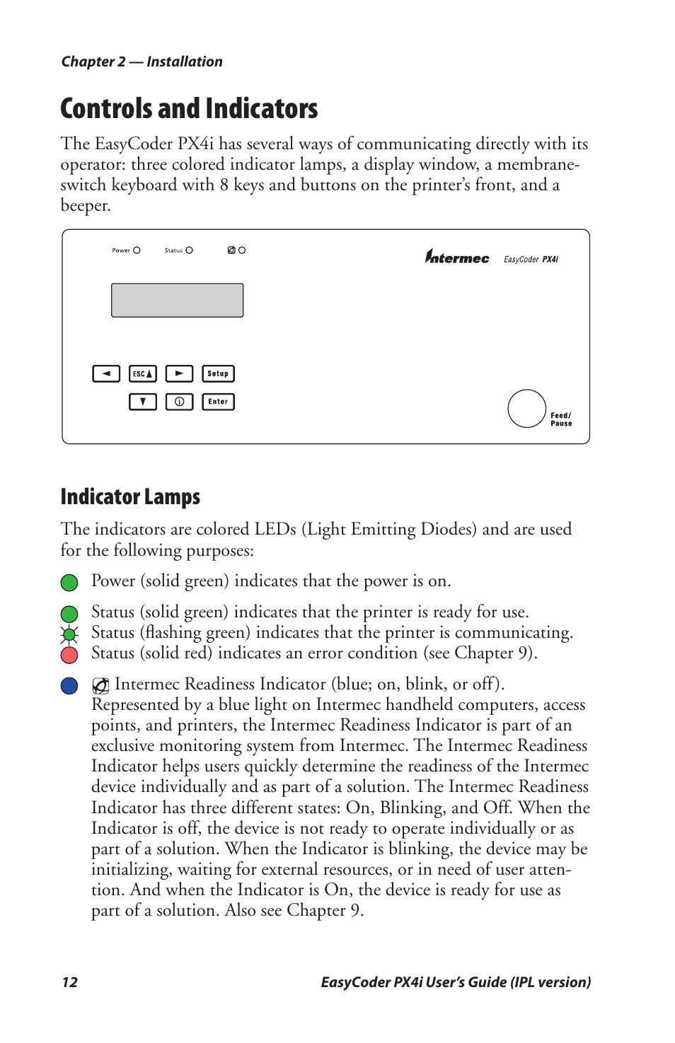 Controls and indicators, Indicator lamps | Intermec PX4I User Manual | Page 26 / 136