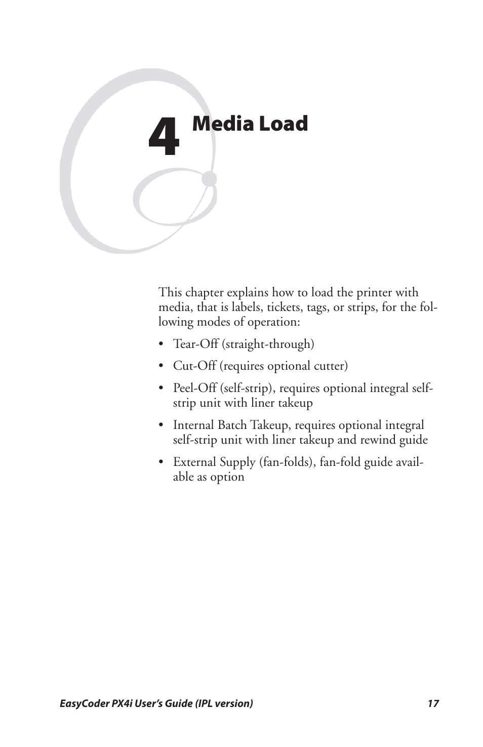 4 media load, Media load | Intermec PX4I User Manual | Page 31 / 136