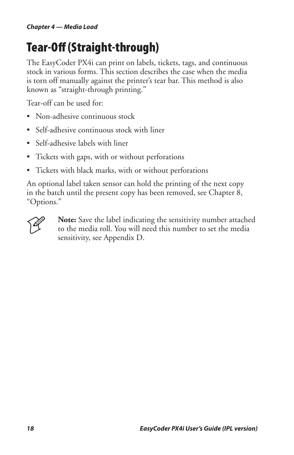 Tear-off (straight through), Tear-oﬀ (straight-through) | Intermec PX4I User Manual | Page 32 / 136