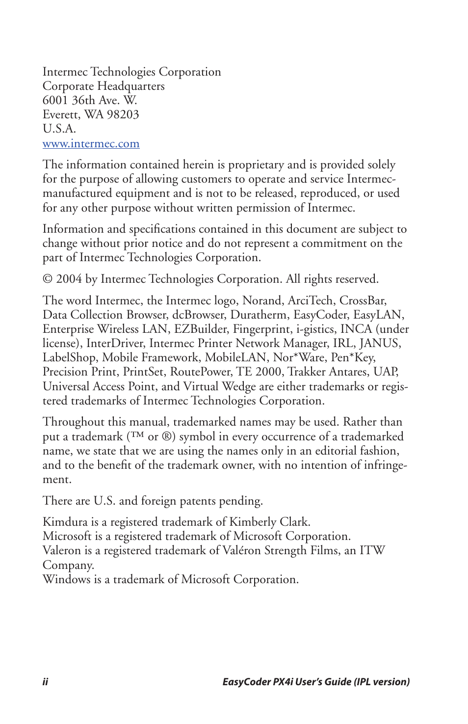 Trademarks | Intermec PX4I User Manual | Page 4 / 136