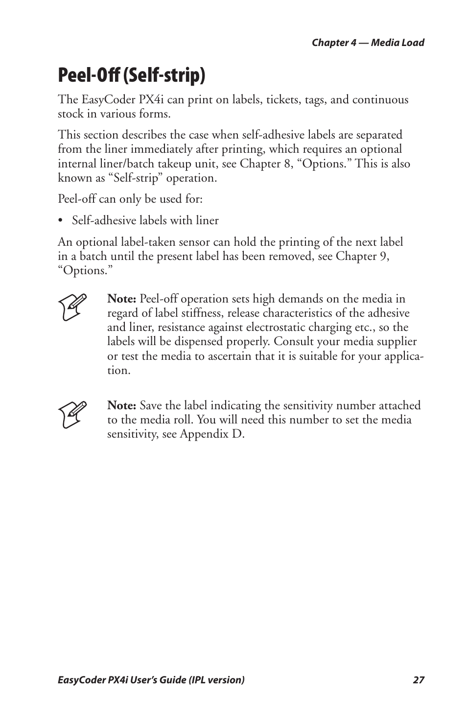 Peel-off (self-strip), Peel-oﬀ (self-strip) | Intermec PX4I User Manual | Page 41 / 136