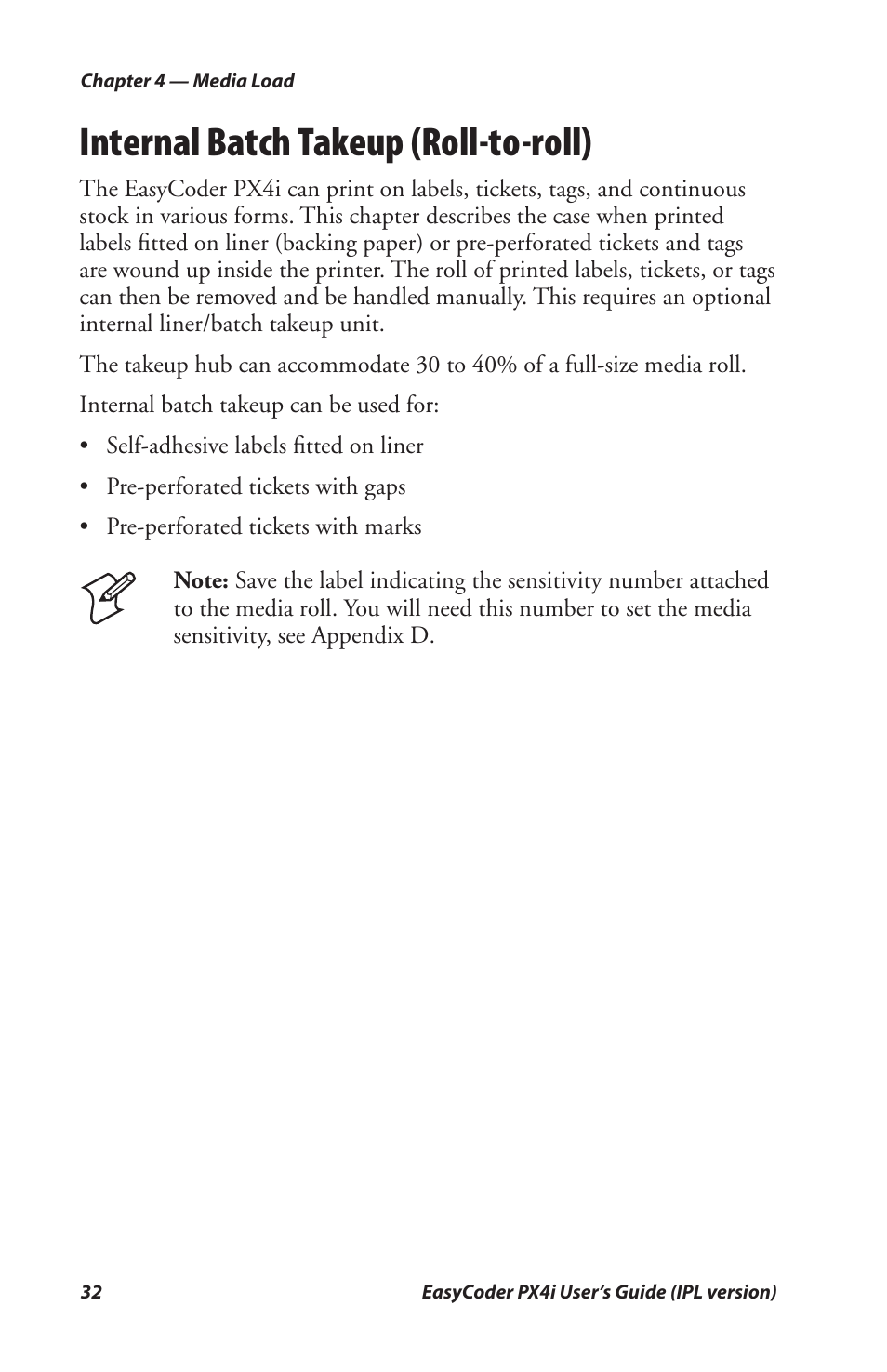 Internal batch takeup (roll-to-roll) | Intermec PX4I User Manual | Page 46 / 136
