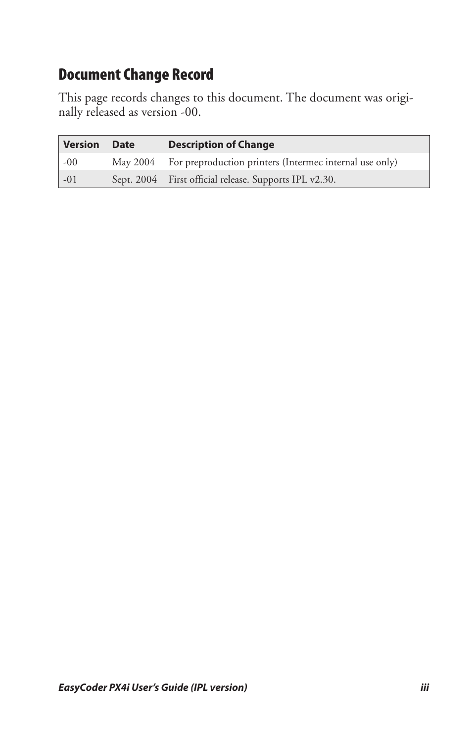 Document change record | Intermec PX4I User Manual | Page 5 / 136