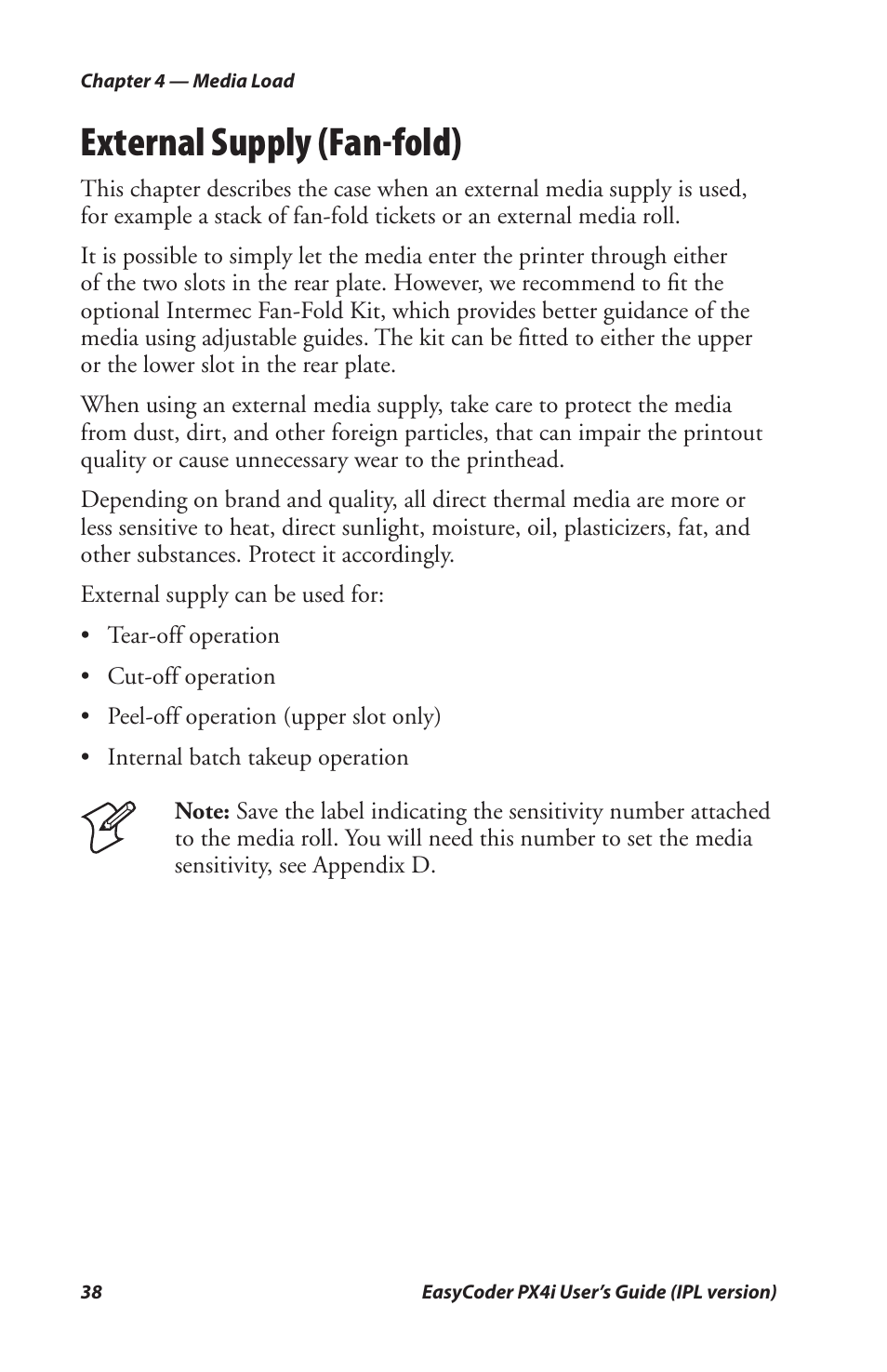 External supply (fan-fold) | Intermec PX4I User Manual | Page 52 / 136