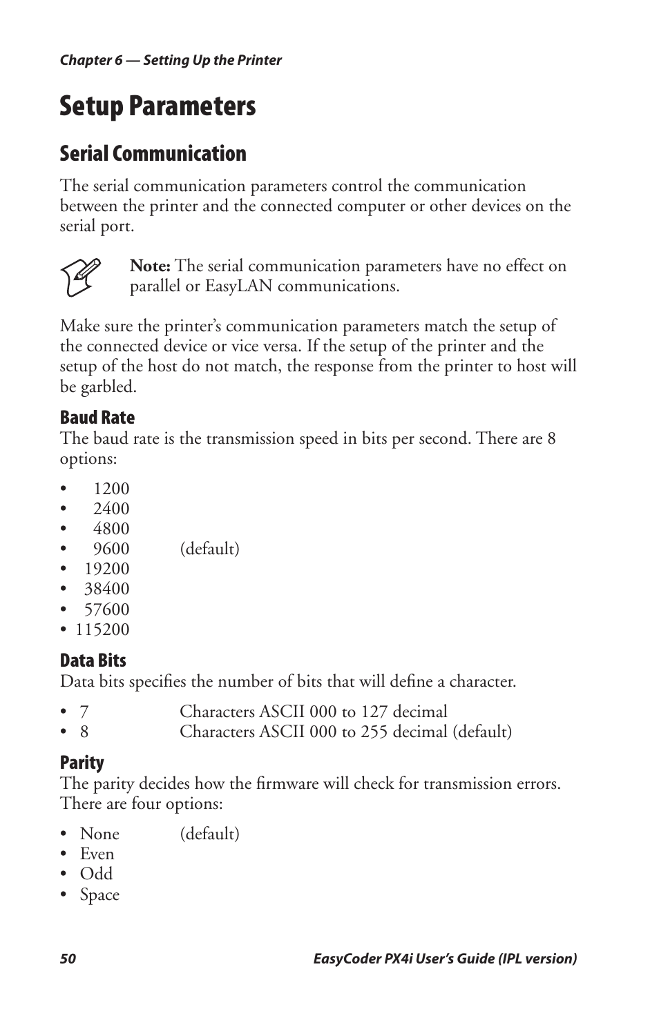Setup parameters, Serial communication | Intermec PX4I User Manual | Page 64 / 136
