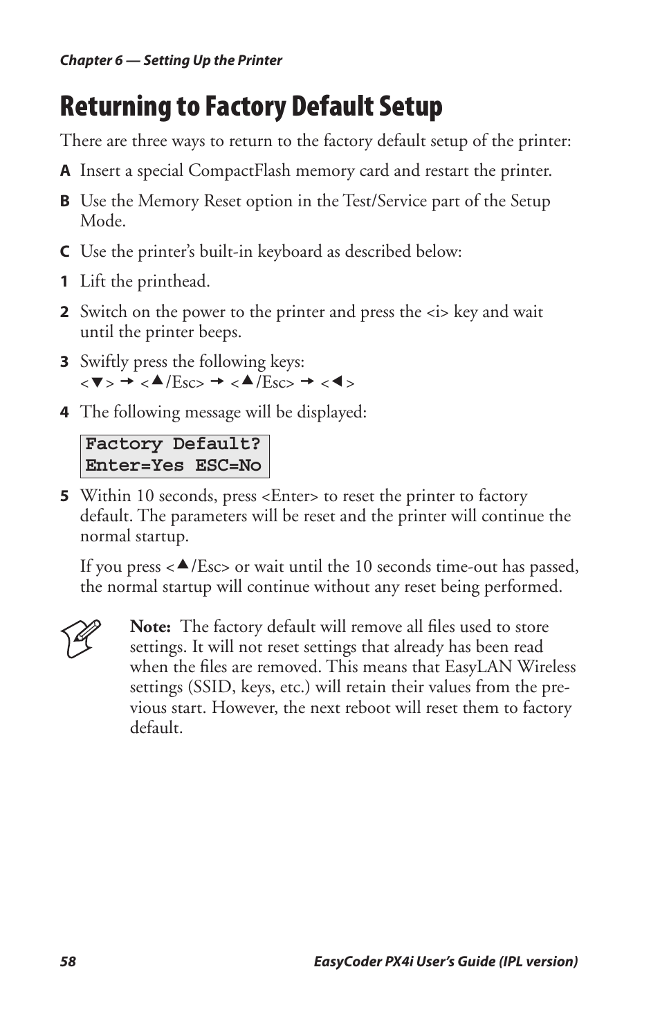 Returning to factory default setup | Intermec PX4I User Manual | Page 72 / 136