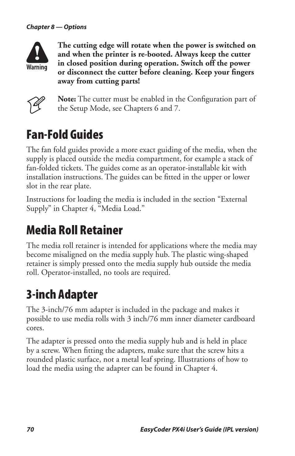 Fan-fold guides, Media roll retainer, In adapter | Inch adapter | Intermec PX4I User Manual | Page 84 / 136