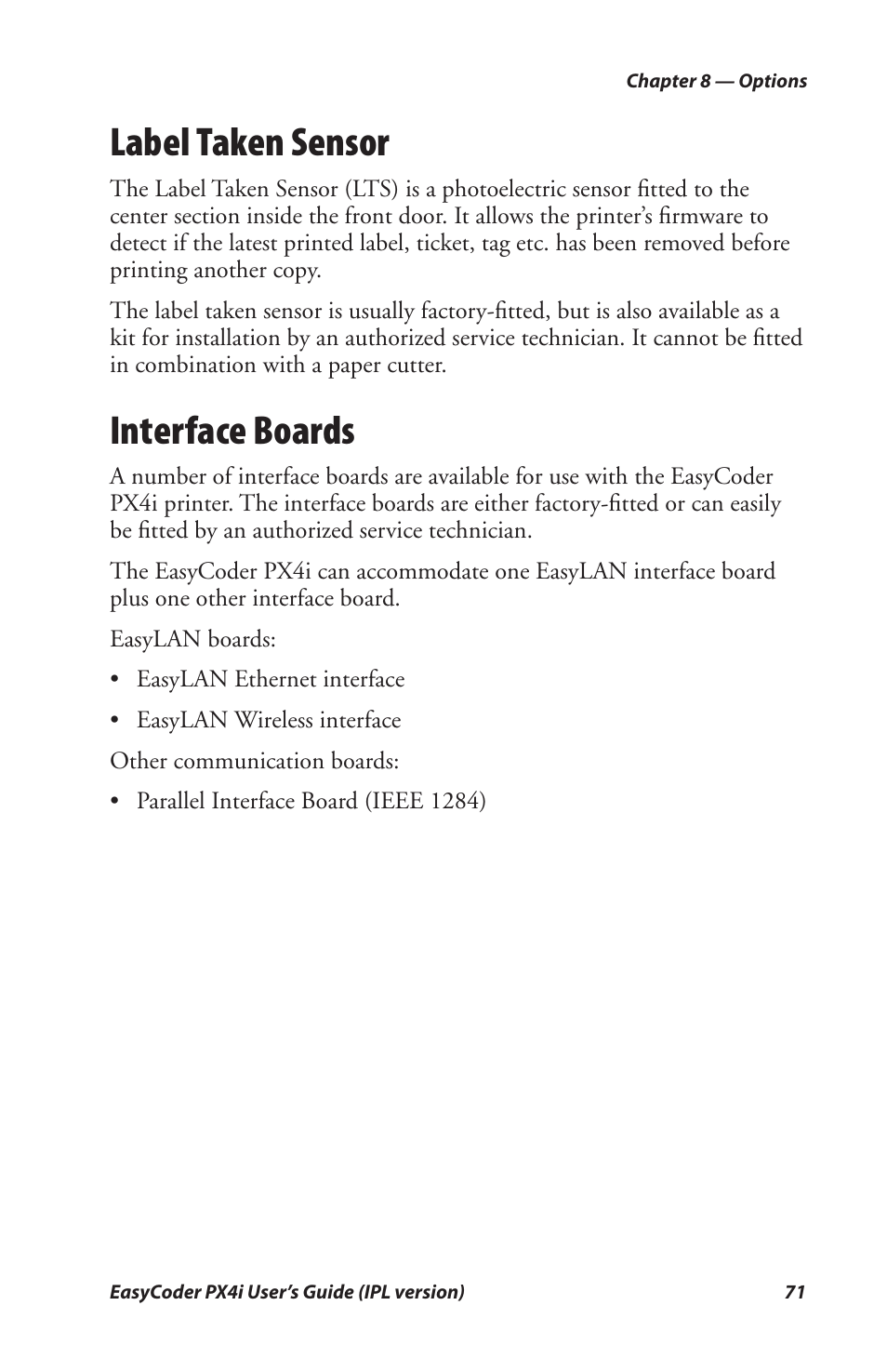 Label taken sensor, Interface boards | Intermec PX4I User Manual | Page 85 / 136
