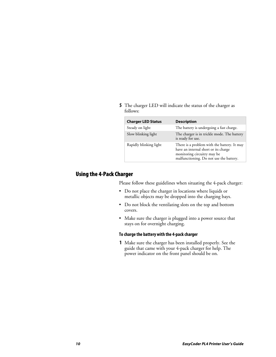 Using the 4-pack charger | Intermec EASYCODER PL4 User Manual | Page 10 / 65