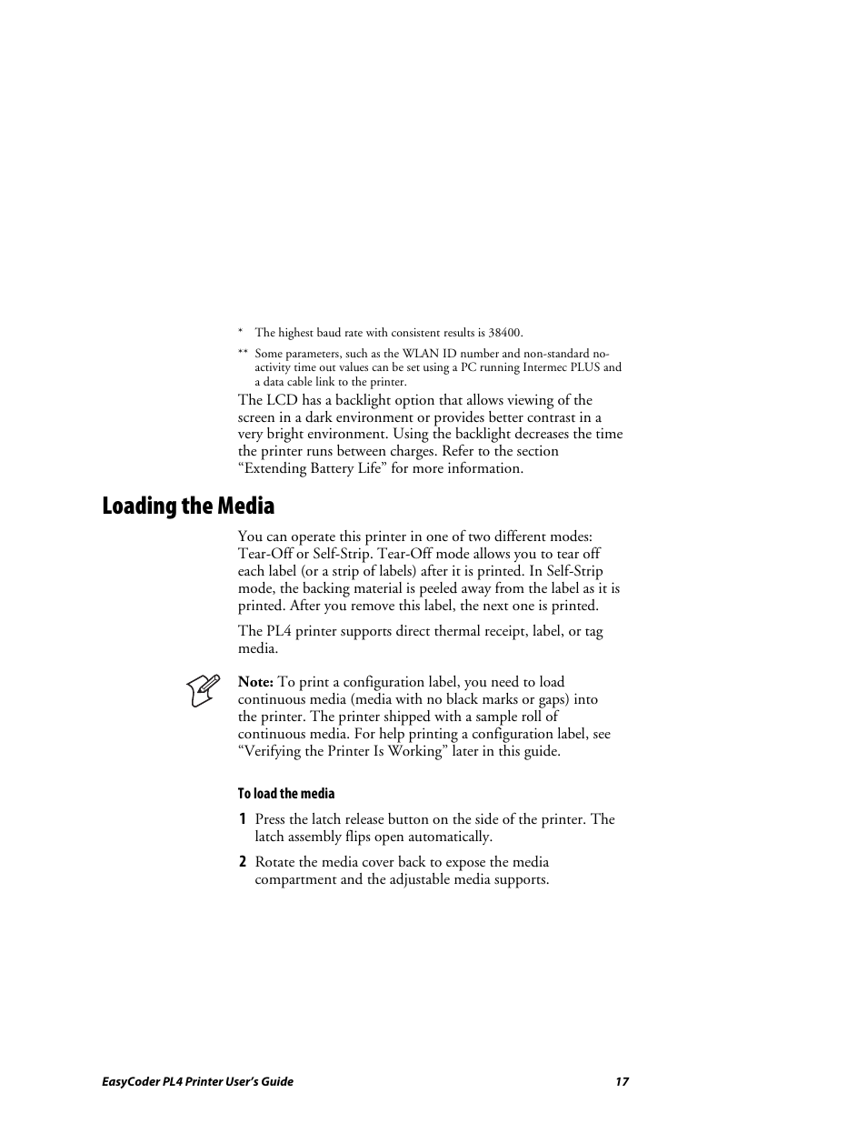 Loading the media | Intermec EASYCODER PL4 User Manual | Page 17 / 65