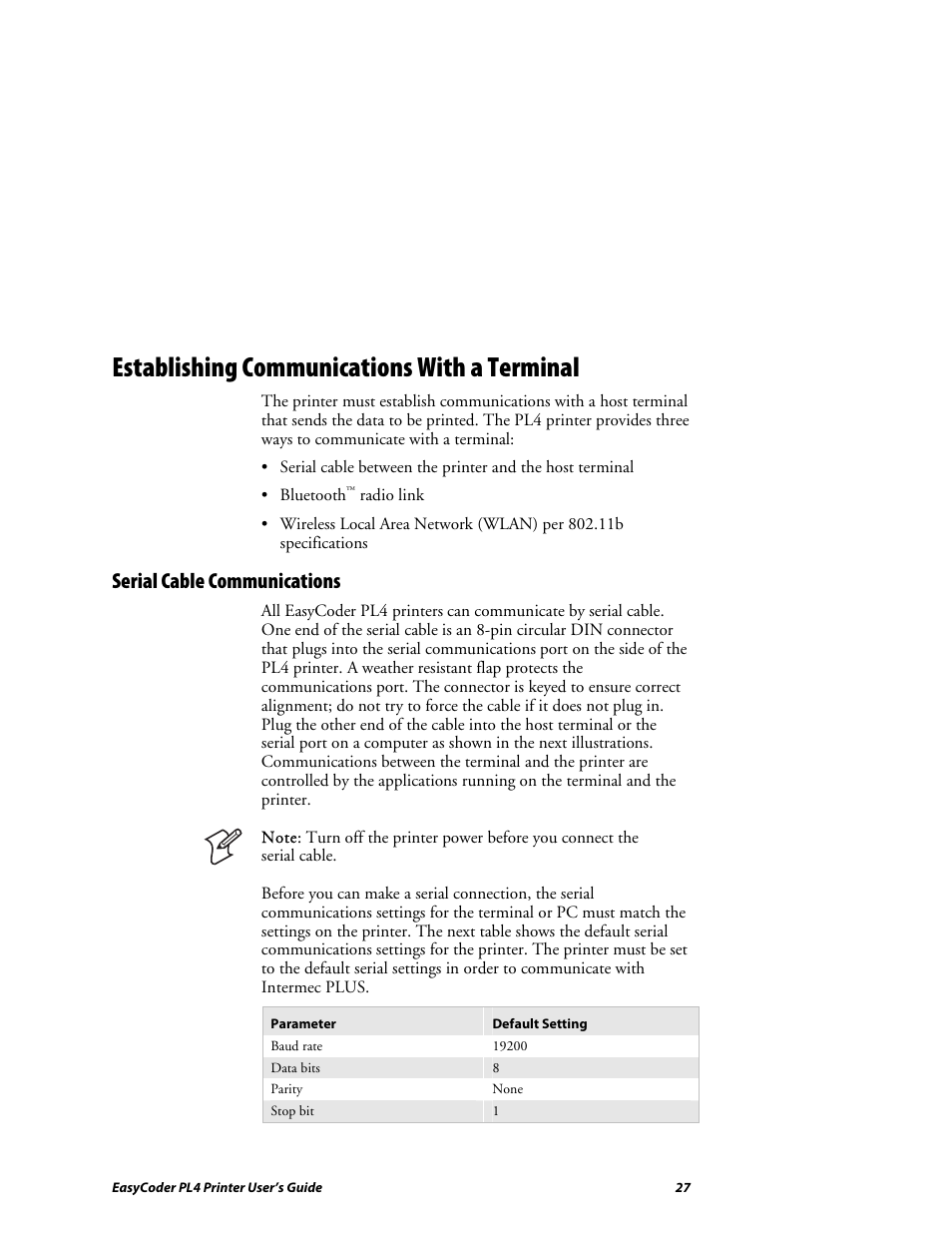 Establishing communications with a terminal, Serial cable communications | Intermec EASYCODER PL4 User Manual | Page 27 / 65