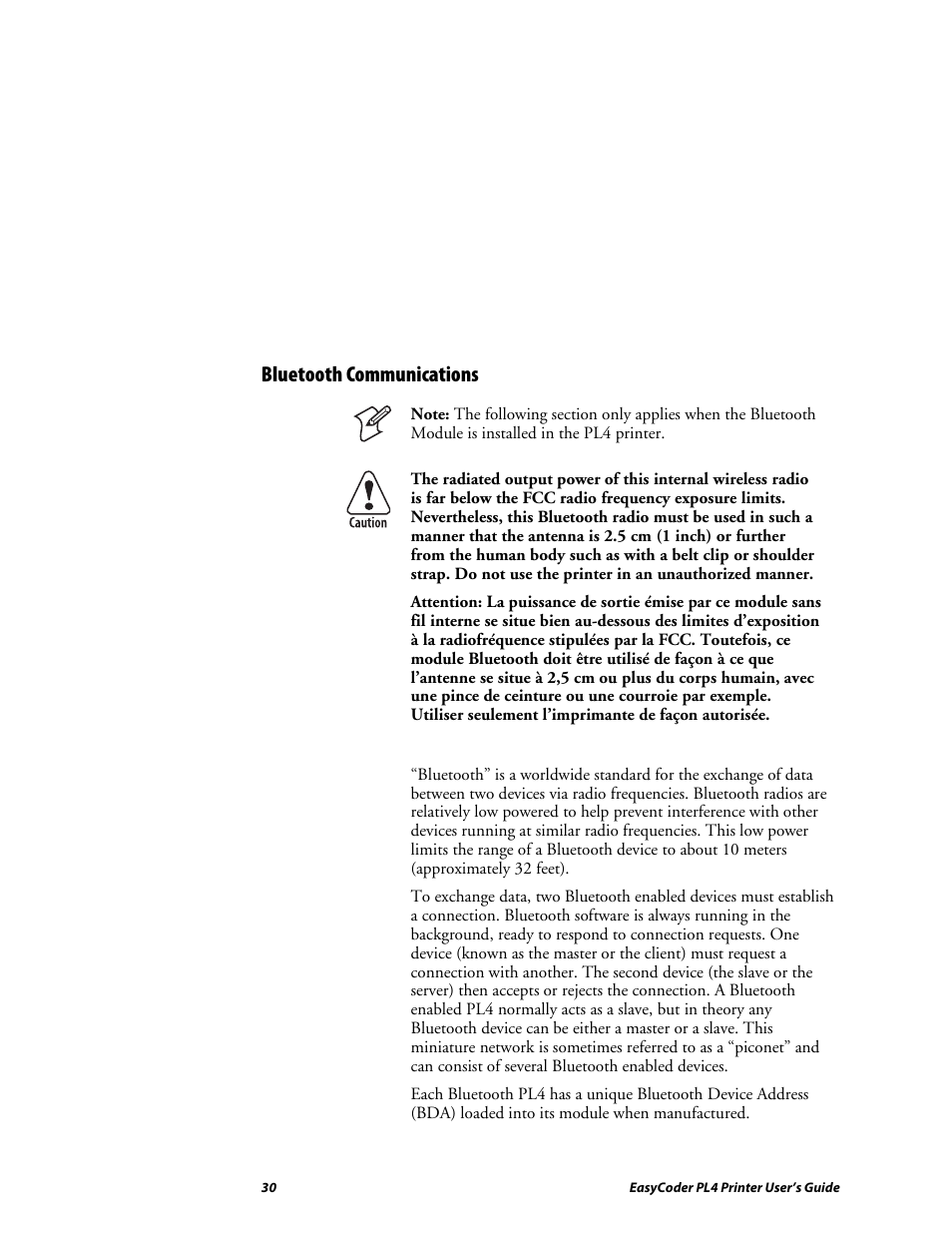 Bluetooth communications | Intermec EASYCODER PL4 User Manual | Page 30 / 65