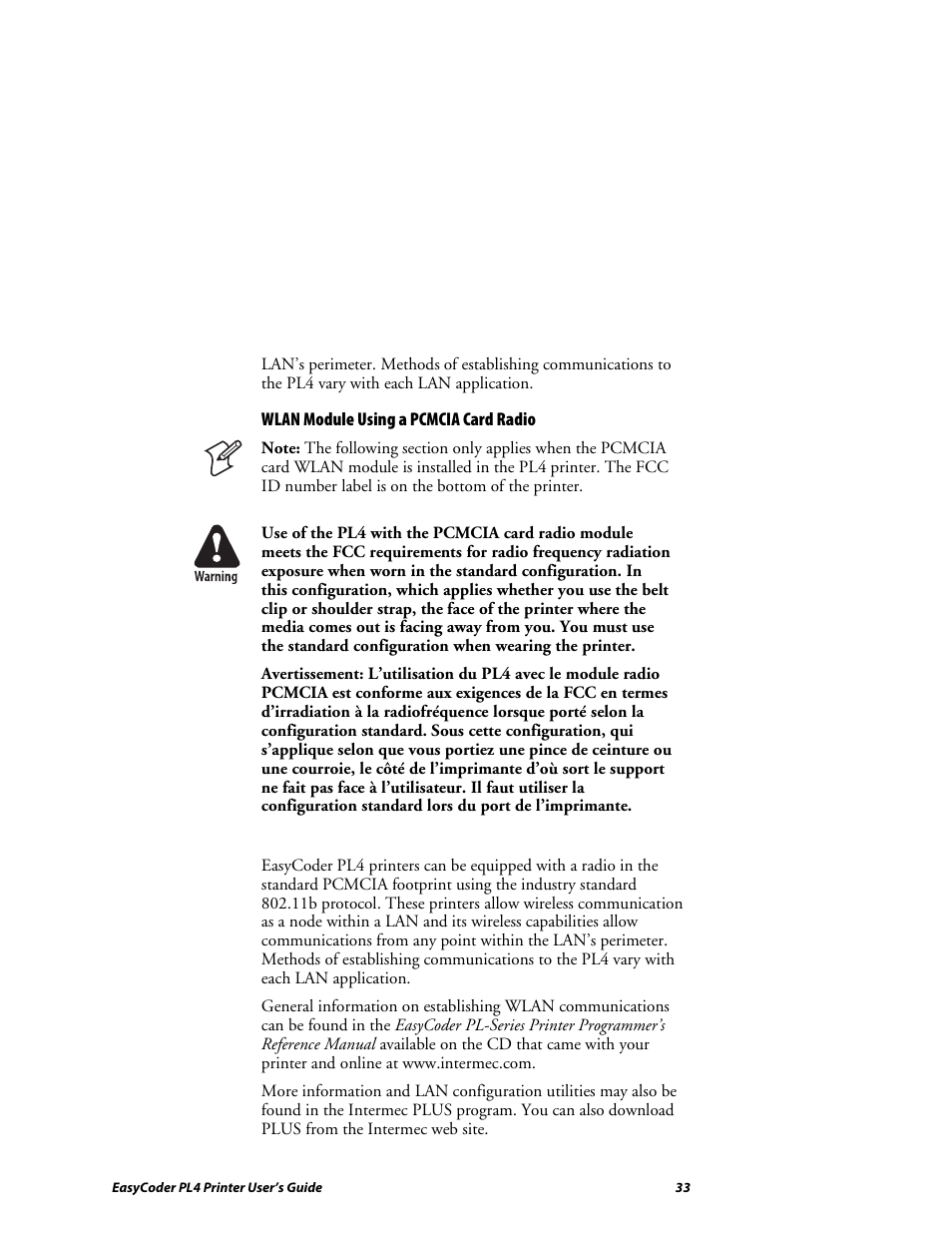 Wlan module using a pcmcia card radio | Intermec EASYCODER PL4 User Manual | Page 33 / 65