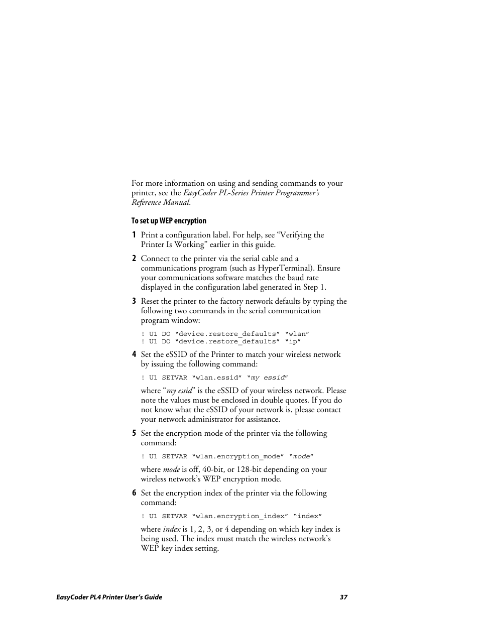 Setting up wep encryption | Intermec EASYCODER PL4 User Manual | Page 37 / 65