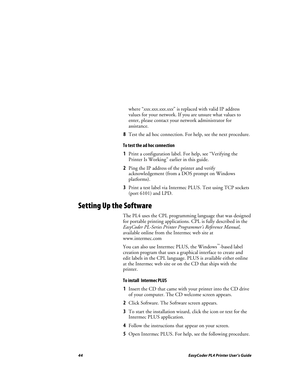 Setting up the software | Intermec EASYCODER PL4 User Manual | Page 44 / 65
