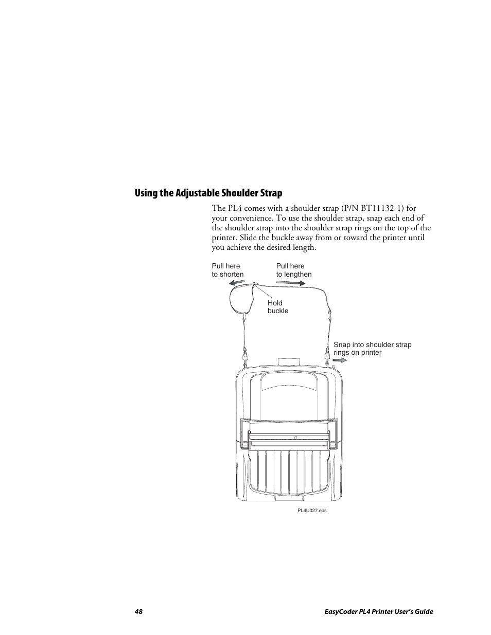 Maintaining the printer, Using the adjustable shoulder strap | Intermec EASYCODER PL4 User Manual | Page 48 / 65