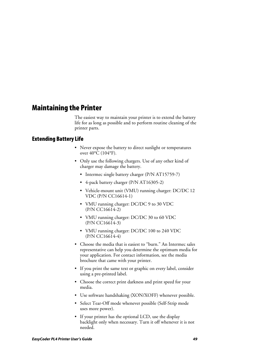 Extending battery life, Maintaining the printer | Intermec EASYCODER PL4 User Manual | Page 49 / 65
