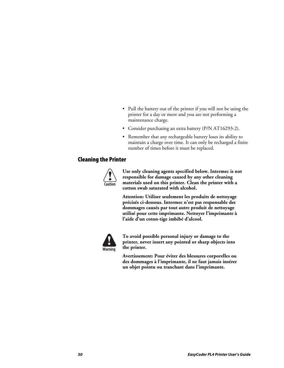 Cleaning the printer | Intermec EASYCODER PL4 User Manual | Page 50 / 65