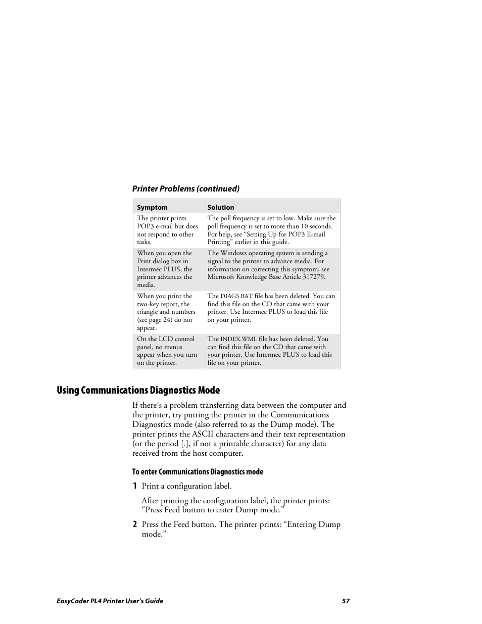 Using communications diagnostics mode | Intermec EASYCODER PL4 User Manual | Page 57 / 65