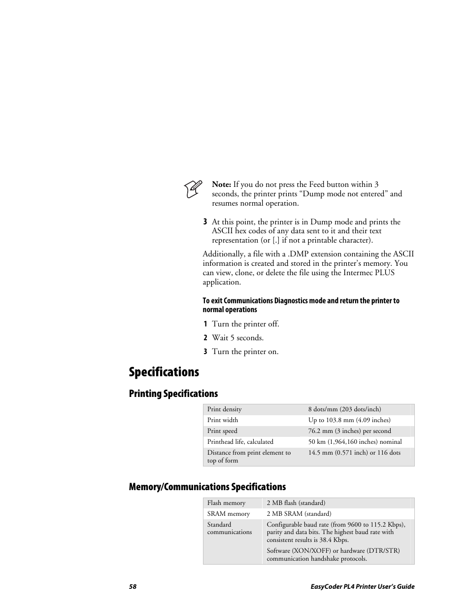 Specifications, Printing specifications, Memory/communications specifications | Intermec EASYCODER PL4 User Manual | Page 58 / 65