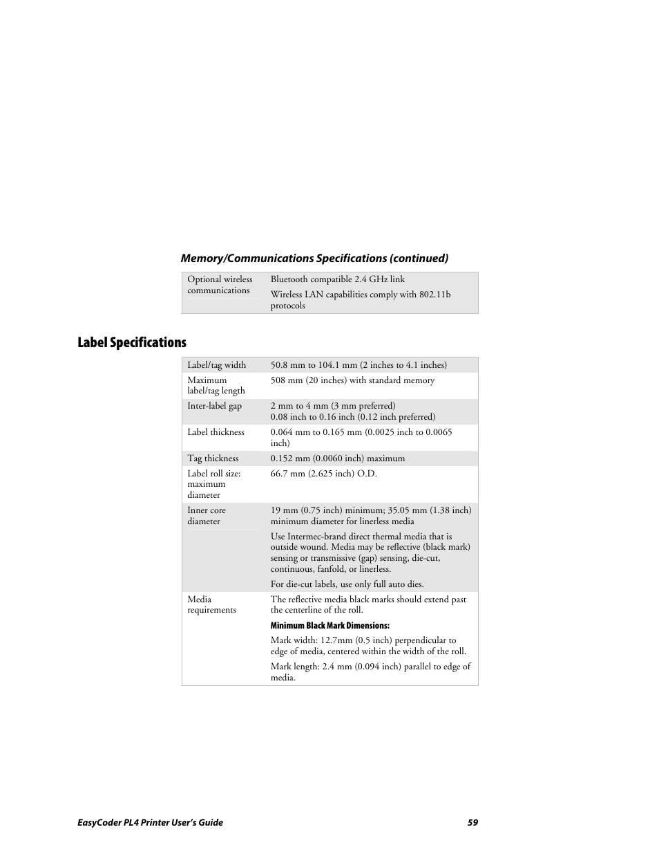 Label specifications | Intermec EASYCODER PL4 User Manual | Page 59 / 65