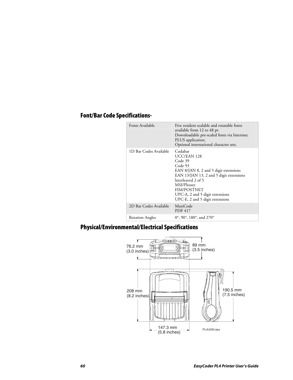 Font/bar code specifications, Physical/environmental/electrical specifications | Intermec EASYCODER PL4 User Manual | Page 60 / 65
