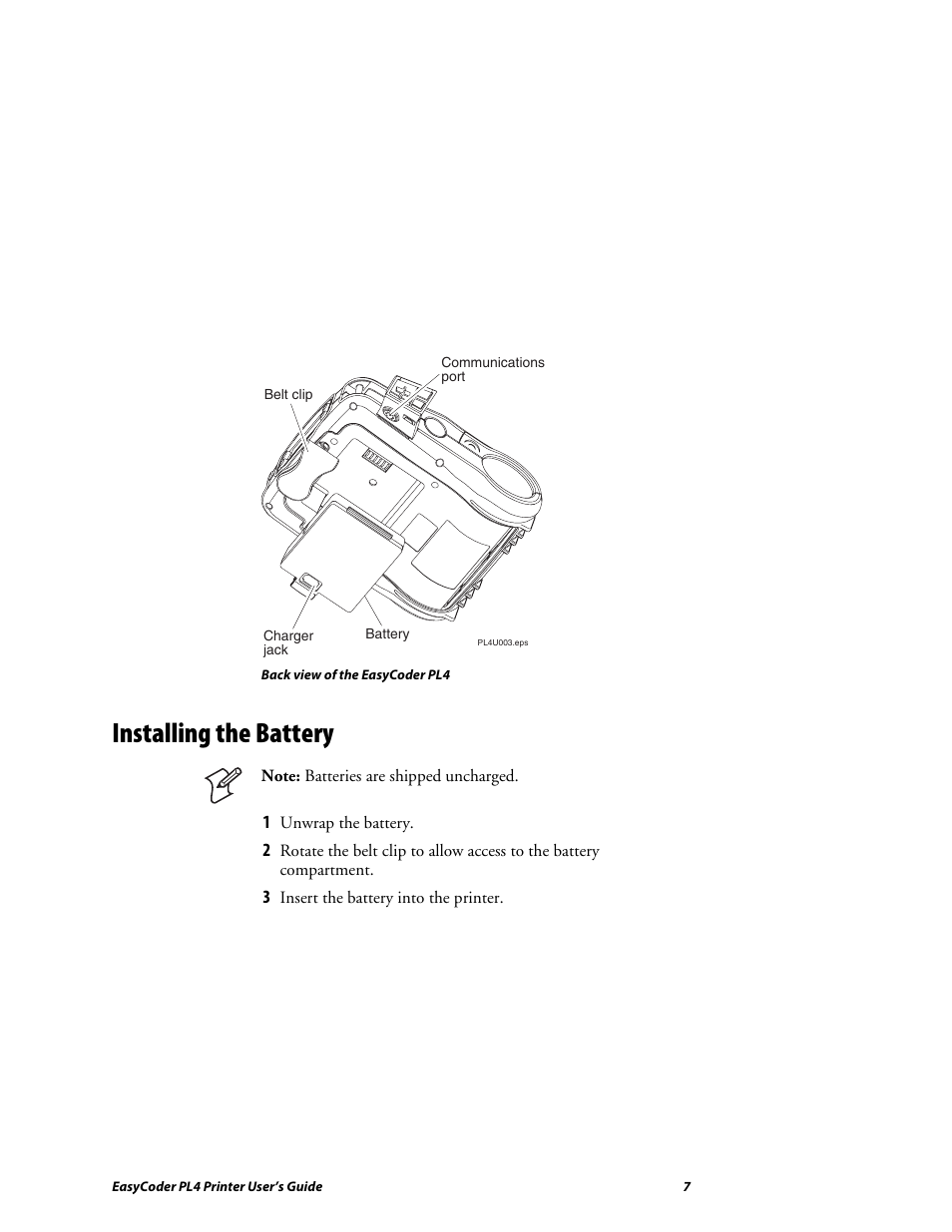 Installing the battery | Intermec EASYCODER PL4 User Manual | Page 7 / 65