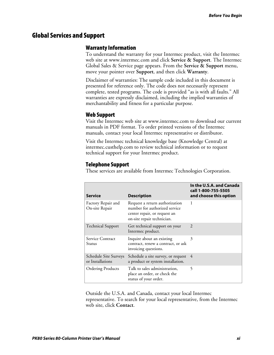 Global services and support, Warranty information, Web support | Telephone support | Intermec PK80 User Manual | Page 11 / 84