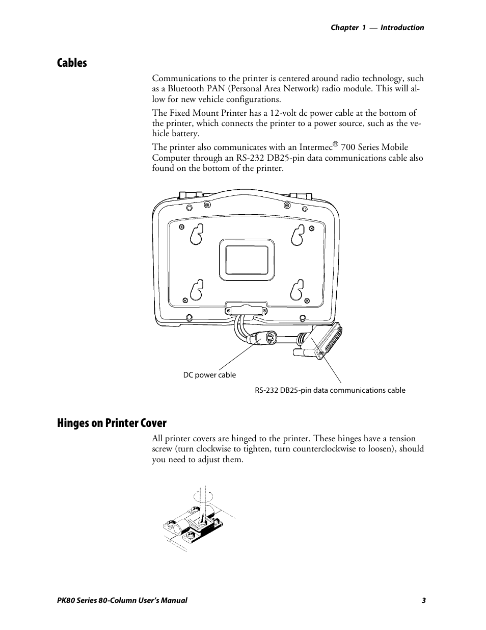 Cables, Hinges on printer cover | Intermec PK80 User Manual | Page 15 / 84
